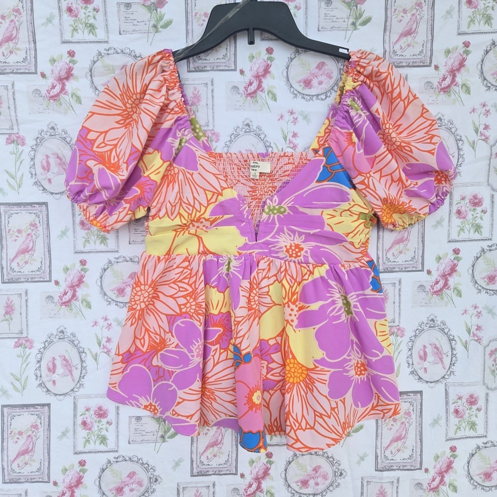 Entro Pheobe Colorful Floral Print Babydoll Puff Sleeve V‎ Neck Blouse Top Sz S